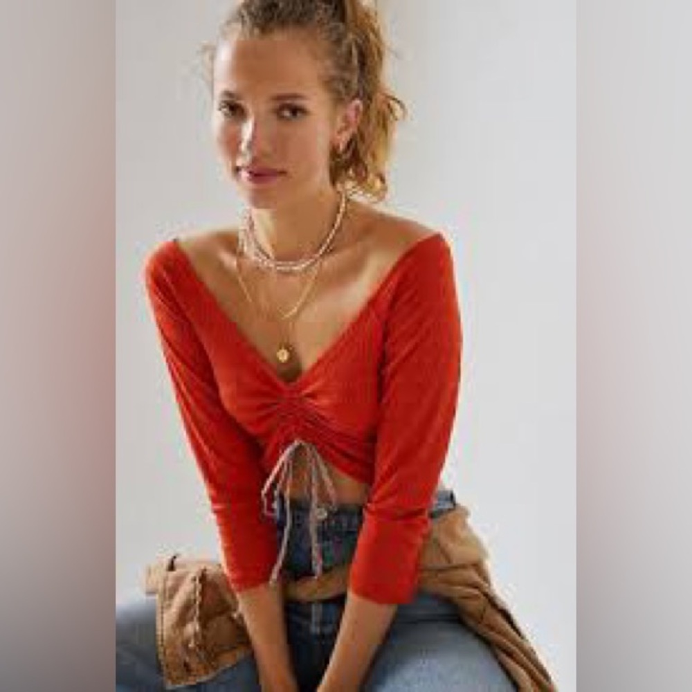Anthropologie Orange Ruched V-Neck Top Adjustable Drawstring Knit Long Sleeve
